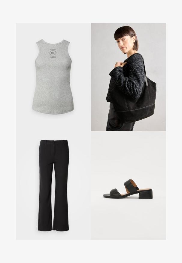Šedý bavlněný top na ramínka s kulatým výstřihem, bez rukávů a s tištěnou etiketou uprostřed. Hladká textura a přiléhavý střih.; Černé kalhoty z bavlněné směsi se střihem rovného nohavice, se zapínáním na knoflík vpředu a dvěma bočními kapsami. Hladká textura, žádné viditelné vzory.; Černé kožené sandály s dvěma širokými pásky přes nohu, čtveratou špičkou a nízkým blokovým podpatkem. Hladký povrch a minimalistický design.; Černá semišová taška přes rameno s hladkým povrchem, strukturovaným tvarem a kontrastním prošíváním. Má dlouhé popruhy pro nošení přes rameno.