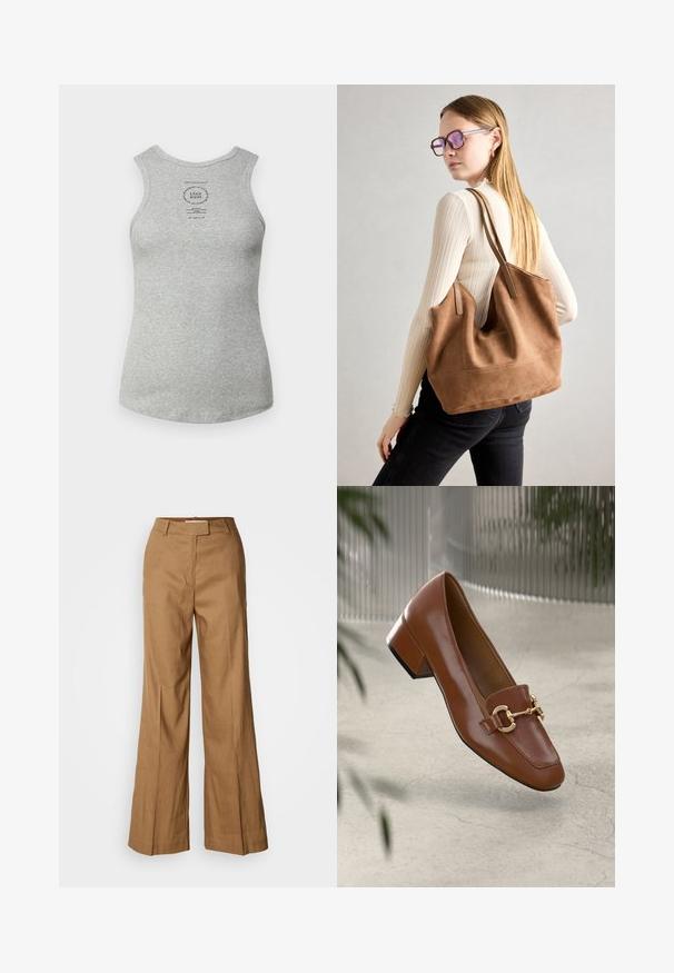 Hall harjasest puuvillane top, millel on ümmargune kaelus, varvusteta disain ja keskel trükitud silt. Sile tekstuur ja sobiv kuju.; Pruunid laiad püksid, mis on valmistatud kerge kangast. Omavad tasast esiosa, vöökohtade keerutusi ning kohandatud siluetti, millel on pahkluu pikkus.; Pruunist lakknahast loafer, millel on ruudukujuline varvas, metallist ahel kaunistus ja madal plokkkonts; sile tekstuur, minimalistlik disain.; Pruunist suedi kott pehme tekstuuriga, suure ava ja pikkade rihmadega. Omab lihtsat disaini nähtava õmblusega ja ilma metalldetailideta.