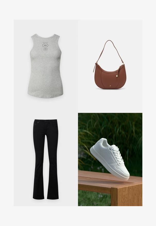 Pelēks kokvilnas bezpiedurkņu topiņš ar apaļu apkakli, kas centrā ir ar drukātu etiķeti. Gluda tekstūra un pieguļoša forma.; Marc O'Polo DENIM TROUSERS MID WAIST FLARED - Džinsi ar paplatinātiem galiem - black; Baltie sporta apavi ar gludu sintētisku augšpusi, perforētu pirkstu daļu, plakani šņorēm un rakstainu zoli, novietoti uz koka virsmas.; Brūns mākslīgās ādas pleca soma ar izliekta forma, minimāls šuvums un zelta toņa aparatūras akcenti. Aprīkota ar augšējo rāvējslēdzēju un regulējamu siksnu.