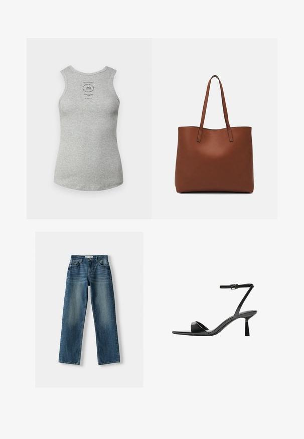 Gray cotton tank top featuring a round neckline, sleeveless design, and a printed label in the center. Smooth texture and fitted shape.; Blue denim jeans featuring a straight leg design, button closure, five pockets, and faded areas. Material appears sturdy with a textured finish.; Bershka High heeled sandals - black; Brown leather tote bag with a smooth texture, open top design, and two shoulder straps. Features minimal stitching and no visible hardware.