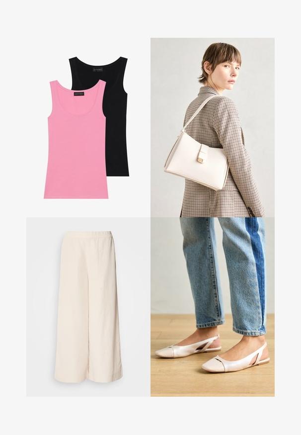 Dve brezrokavne majice v roza in črni barvi. Narejene iz mehkega bombažnega materiala, z okroglimi izrezi in prilegnjenimi oblikami z minimalnimi šivi.; Kremne široke hlače z elastičnim pasom, ki imajo sproščen kroj in gladko teksturo, primerne za vsakodnevno nošenje.; Svijetloružičaste slingback balerinke s šiljastim nožnim prstima, napravljene od glatkog materijala nalik koži. Imaju izrezane detalje sa strane i ravne pete.; Bela usnjena torba s strukturirano zasnovo, opremljena z magnetnim zapiranjem in naramnico, prikazana na nevtralni ozadju.