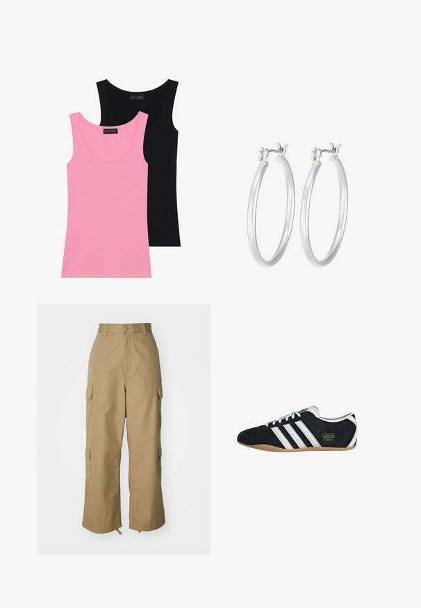 Dwa bezrękawniki w kolorze różowym i czarnym. Wykonane z miękkiej mieszanki bawełny, z okrągłymi dekoltami i dopasowanym krojem z minimalną ilością szwów.; Beżowe spodnie cargo z wysokim stanem, szerokimi nogawkami i czterema dużymi bocznymi kieszeniami. Wykonane z trwałego materiału o gładkiej fakturze i minimalnych detalach.; Czarne zamszowe sneakersy z białymi trzema paskami, złotym logo i brązową gumową podeszwą. Charakteryzują się niskoprofilowym zapięciem na sznurówki.; Srebrne kolczyki w formie kółek o gładkim, polerowanym wykończeniu. O okrągłym kształcie i pewnym zapięciu na klik. Lekka konstrukcja odpowiednia do codziennego noszenia.