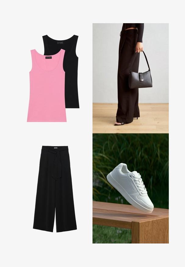 Dos blusas sin mangas en rosa y negro. Hechas de una suave mezcla de algodón, con cuellos redondos y formas ajustadas con costuras mínimas.; Pantalones de pierna ancha negros con un tejido texturizado, una cinturilla elástica y un lazo desmontable en la cintura para un ajuste ajustable.; Zapatilla blanca con un upper sintético suave, caja de dedos perforada, cordones planos y una suela texturizada, exhibida sobre una superficie de madera.; Bolso negro con forma estructurada, textura suave y un cierre metálico. Combinado con pantalones anchos negros y sandalias de dedo en un suelo de madera.