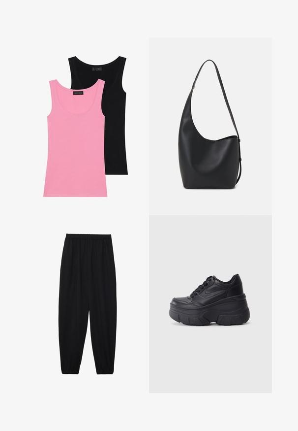 Two sleeveless tops in pink and black. Made from soft cotton blend, featuring round necklines and fitted shapes with minimal seams.; Black, lightweight pants with an elastic waistband and gathered ankles. The fabric is smooth and features a relaxed, tapered design.; Black lace-up sneakers with a chunky sole, featuring smooth leather upper, rounded toe, and distinct layered platform design.; Black leather hobo bag with a smooth texture, curved shape, and single adjustable strap; features a wide opening at the top.