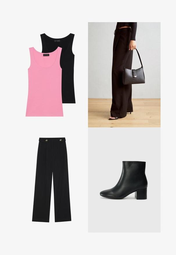 Twee mouwloze tops in roze en zwart. Gemaakt van een zachte katoenmix, met ronde halslijnen en een strakke pasvorm met minimale naden.; Zwarte wijde broek met hoge taille, knoopdetails op de tailleband en plooien aan de voorkant.; Zwarte leren enkellaarzen met een spitse neus en een chunky hak. Gladde textuur met minimale accenten en een slank, strakk ontwerp.; Zwarte handtas met gestructureerde vorm, gladde textuur en een metalen sluiting. Gecombineerd met brede zwarte broeken en sandalen met open teen op een houten vloer.