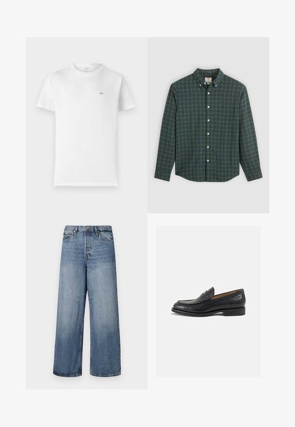 Fehér pamut póló klasszikus kerek nyakkal, rövid ujjal és egy apró, szürke GAP logóval a bal mellen. Egyszerű, díszítetlen dizájn.; Hosszú ujjú gombos ing zöld, kék és sárga kockás mintával, fehér gombokkal és gombos gallérral.; Széles lábú kék farmernadrág, elhalványodott mosással, öt zsebbel és gombos zárással. Övhurkokkal és steppelt részletekkel ellátva.; Fekete bőr loaferek sima felülettel, lekerekített orral és díszítő varrással a lábfejen. Alacsony, réteges sarkú és enyhe fényű.