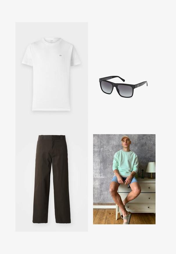 Camiseta de algodón blanca con cuello redondo clásico, mangas cortas y un pequeño logo gris de GAP en el lado izquierdo del pecho. Diseño simple y sin adornos.; Camisa de botones de manga corta en tela blanca con rayas verticales en rosa y verde. Presenta un bolsillo en el lado izquierdo.; Pantalones de algodón negros con un diseño de pierna recta, que cuentan con un cierre de botón y una cinturilla clásica. Textura suave, sin patrones ni acentos.; Sudadera verde menta, pantalones cortos de mezclilla y zapatillas oliva. Sentado en una cómoda de color claro contra una pared gris texturizada.; Guess Gafas de sol - glossy black smoke gray