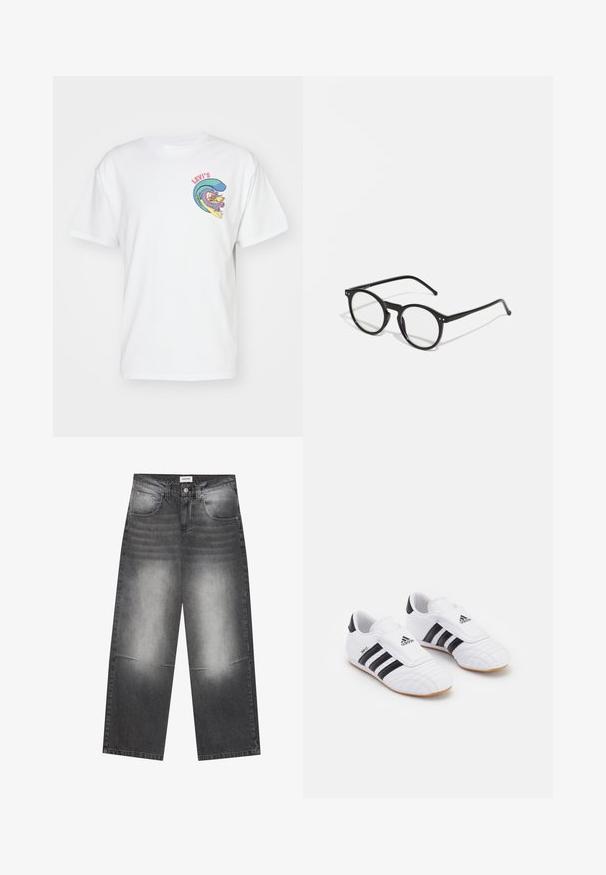 Levi's® VINTAGE FIT GRAPHIC - Marškinėliai su spaudiniu - white; Plati juodi džinsai su blukusia pilka apdaila, su priekinėmis kišenėmis, mygtuko užsegimu ir lengvu pabraižymu ant kelių.; Balti sportiniai bateliai su juodomis juostelėmis, kuriuose yra antzolinė panaši tekstūra, apvalus pirštas ir Velcro dirželis. Gumačio padas užtikrina sukibimą.; Apvalūs juodi saulės akiniai su skaidriais lęšiais, plonomis juodomis šakėmis ir mažais metaliniais akcentais priekyje. Klasikinis dizainas su minimalistiniu stiliumi.