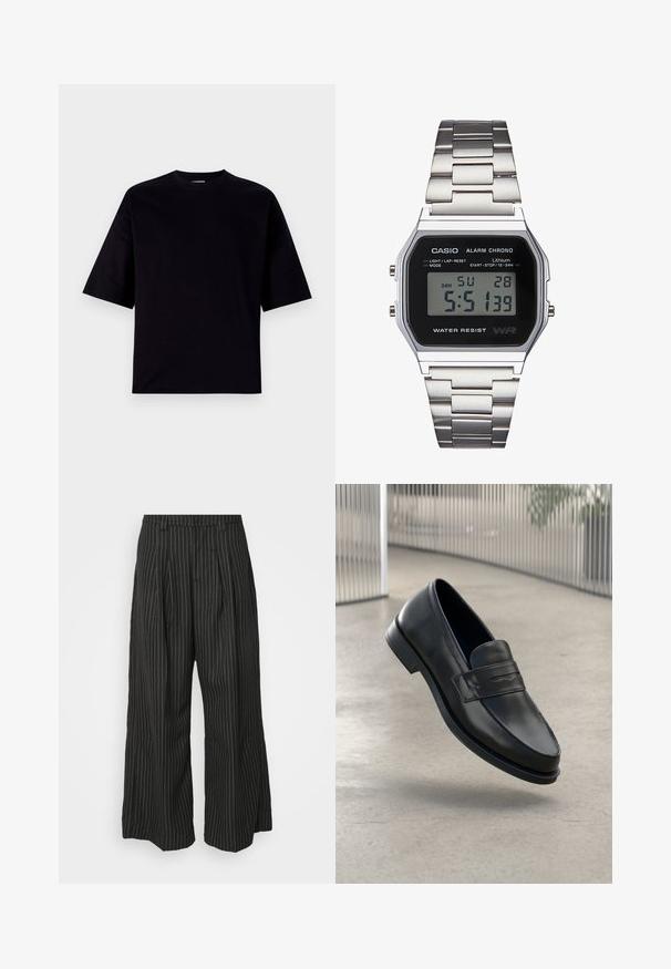 T-shirt nera a maniche corte in cotone. Presenta un collo a giro e una vestibilità ampia, con una texture liscia e senza ombretti o decorazioni.; Pantaloni a gamba larga neri a righe con pieghe, caratterizzati da un design sartoriale e una texture morbida. Nessun hardware o decorazione visibile.; Mocassino in pelle nera con texture liscia, punta appuntita e una fascia decorativa sul collo del piede. Suola leggera, design minimale.; Orologio digitale Casio con quadrante nero, cinturino in acciaio inox argentato, cassa rettangolare e pulsanti per luce, azzeramento giro e regolazioni della modalità.