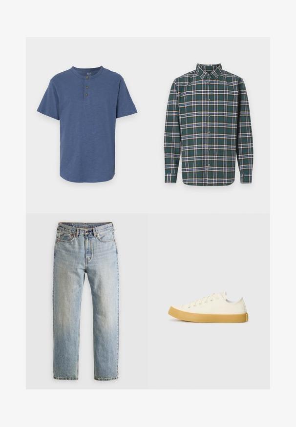Camisa de mangas curtas em tecido azul suave, com decote redondo e três botões castanhos na gola, com uma bainha reta.; Camisa de flanela verde com um padrão de xadrez apresentando linhas azuis, brancas e mostarda. Frente com botões e colarinho pontudo. Mangas compridas.; Jeans de ganga azul claro com cintura alta, fecho frontal, zipper e design de cinco bolsos, dispostos de forma plana sobre um fundo neutro.; Sapatilhas de tela em off-white com biqueira redonda, apresentando solas de borracha bege e cinco ilhós para atacadores, acabamento texturizado na parte superior.