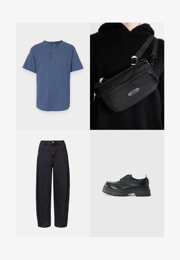 Lühikeste varrukatega särk pehmest sinisest kangast, ümmarguse kaelusega ja kolme pruuni nupuga kaelanupul, sirge äärisega.; Mustad laiad teksapüksid, mis on valmistatud siledast denimist. Omavad kõrget taljejoont, esikotte ja nööpe kinnitamist talje ümber.; Must musta nahkkingad, paksu robustse tallaga ja metallist silmadega varvaste piirkonnas, pildistatud ühevärvilise heleda tausta ees.; Musthave musta nailonkott rihmaga, millel on reguleeritav rihm, siledapinnaline tekstuur, eespool tõmblukuga tasku ja logo aktsent.