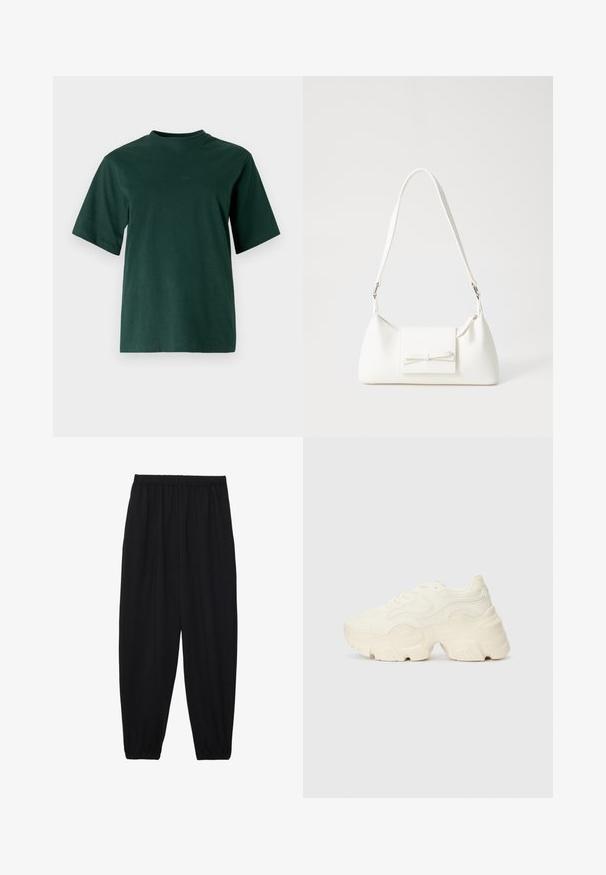 Selected Femme SLFLISA HANKIE O NECK TEE - Basic póló - scarab; Fekete, könnyű nadrág elasztikus derékkal és ráncolt bokákkal. Az anyag sima és laza, szűkített dizájnnal rendelkezik.; Tömbös fehér sneakers, amely texturált hálóból és szintetikus anyagokból készült, vastag talppal és bonyolult mintázattal az oldalakon.; Fehér szintetikus kézitáska, háromszög alakú, lapos előlap, masni részlettel, állítható pánttal, sima textúrával és minimalista dizájnnal.