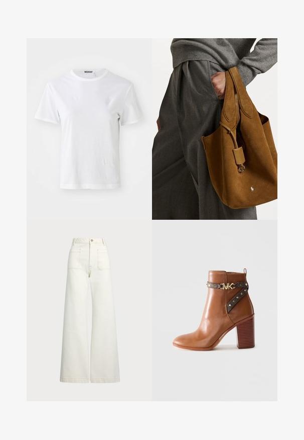 Biele tričko s krátkym rukávom vyrobené z mäkkej tkaniny. Má okrúhly výstrih a rovný strih, s etiketou na vnútornej straně goliera.; Džínsy s širšími nohavicami v off-white denim. Vysoký pás s gombíkovým zapínaním, dve predné vrecká a kontrastné švy.; Hnedá kožená členková obuv so zúženým blokovým podpätkom, postranným popruhom so zlatými nitmi a zlatou sponou s logom "MK".; Hnedá semišová taška s okrúhlym tvarom, dvojitými uchami a kovovým detailom. Na prednej strane je malá značka.