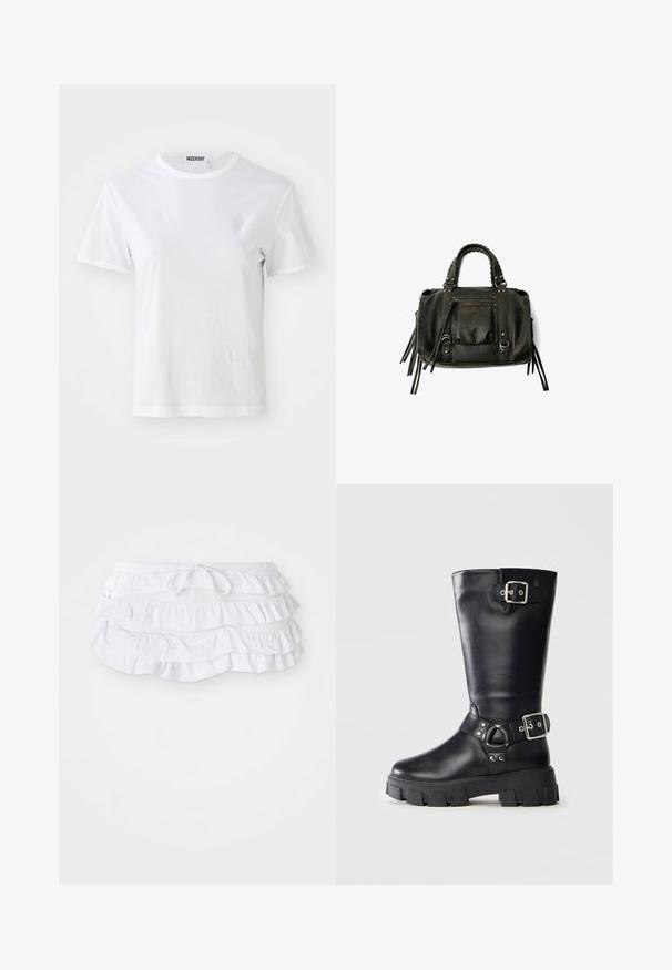 T-shirt blanc à manches courtes en tissu doux. Doté d'un col rond et d'une coupe droite, avec une étiquette sur le col intérieur.; Jupe de bain blanche à volants avec plusieurs couches, dotée d'une taille à cordon pour un ajustement. Tissu doux avec une texture lisse.; Botte en cuir noire mi-mollet avec semelle épaisse à crampons, deux sangles à boucle en argent - une en haut et une autour de la cheville.; Sac à main en cuir noir avec des poignées tressées, une poche zippée et des glands suspendus. Surface texturée avec des clous en métal et des accents en métal.