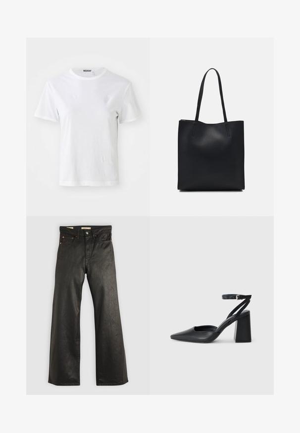 White short-sleeve T-shirt made from soft fabric. Features a round neckline and a straight fit, with a label on the inner collar.; Black denim wide-leg pants with a smooth texture, featuring five pockets and copper-tone hardware details. Classic button closure.; Black leather pointy-toe pump with an ankle strap and a chunky heel. Flat texture, sleek design, and minimalistic aesthetics.; Black leather tote bag with smooth texture, rectangular shape, and two long handles. No visible hardware or embellishments.