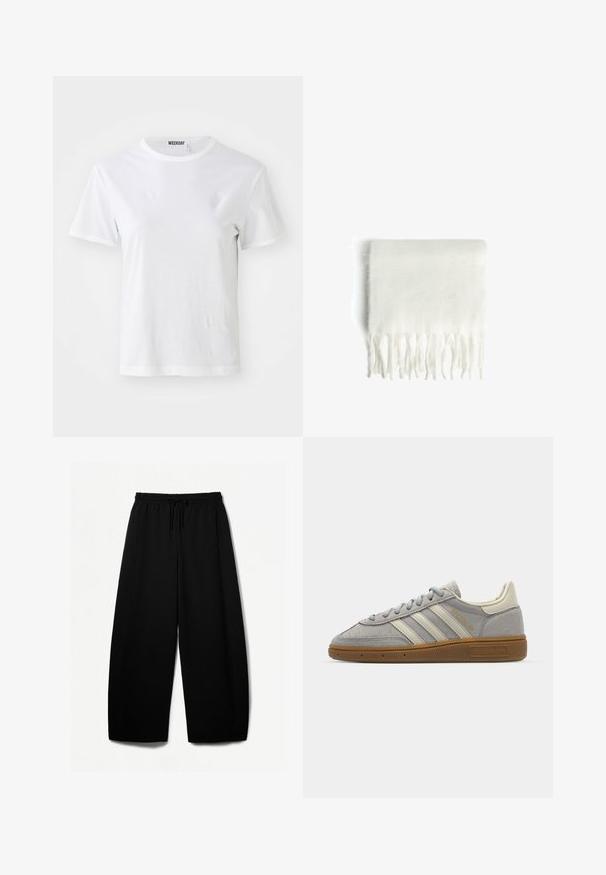 White short-sleeve T-shirt made from soft fabric. Features a round neckline and a straight fit, with a label on the inner collar.; Black wide-leg pants with an elastic waistband and drawstring. Soft fabric with a smooth texture. Straight cut with side seams.; Gray suede sneakers with light gray leather stripes and a gum rubber sole. Features include lace closure and subtle branding on the tongue.; White fleece scarf with fringed edges, soft texture, and rectangular shape. Suitable for layering and providing warmth.