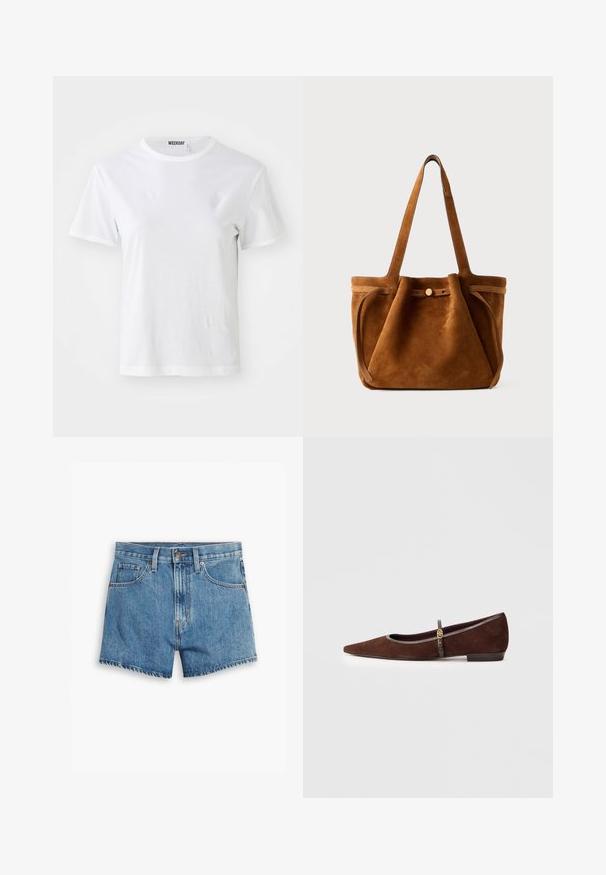 T-shirt blanc à manches courtes en tissu doux. Doté d'un col rond et d'une coupe droite, avec une étiquette sur le col intérieur.; Shorts en denim bleu clair, comportant cinq poches, un zip et un bouton de fermeture. L'ourlet est effiloché, avec une coupe décontractée.; Chaussure plate en suède marron avec un bout pointu, dotée d'une fine sangle et d'un accent en métal doré. La chaussure a un petit talon et un contour gris.; Sac fourre-tout en suede marron avec doubles poignées, un strap de fermeture à bouton et une forme décontractée, légèrement affaissée.
