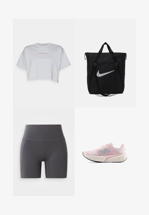 Tricou gri scurt, realizat dintr-un material moale, având textul îndrăzneț "UNDER ARMOUR" într-o culoare roșie contrastantă. Mâneci scurte și decolteu la bază.; Pantaloni scurți atletici gri cu talie înaltă, realizați dintr-un material neted și elastic. Prezintă cusături plate și un design ajustat.; Pantofi de sport roz deschis cu parte superioară din plasă texturată, accente gri, talpă intermediară albă groasă și talpă exterioară flexibilă de culoare neagră. Include guler și limbă căptușite.; Geantă tote din nailon negru, cu două mânere rezistente și închidere cu zip. Prezintă un logo alb Nike, proeminent, într-un design cu dungi orizontale.