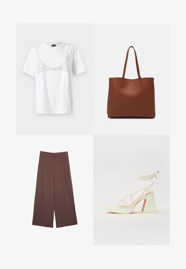 Valkoinen puuvillateepaita lyhyillä hihoilla, jossa on pistekuviointi, joka muistuttaa kaula-aukkoa edessä.; Ruskeat leveälahkeiset housut, joissa on sileä pinta, korkea vyötärö ja etupleat. Kangas on kevyttä ja laskeutuu väljänä.; Valkoinen korkokenkä, jossa on paksu korko, ja joka sisältää nauhakiinnityksen ja nilkkaketjun. Sujuva pinta, jossa on platform-etupohja lisäkorkeutta varten.; Ruskea nahkainen olkalaukku, jossa on sileä pinta, avoin yläosa ja kaksi olkahihnaa. Omaavat vain minimaalisen ompelun eikä näkyvää metalliosaa.