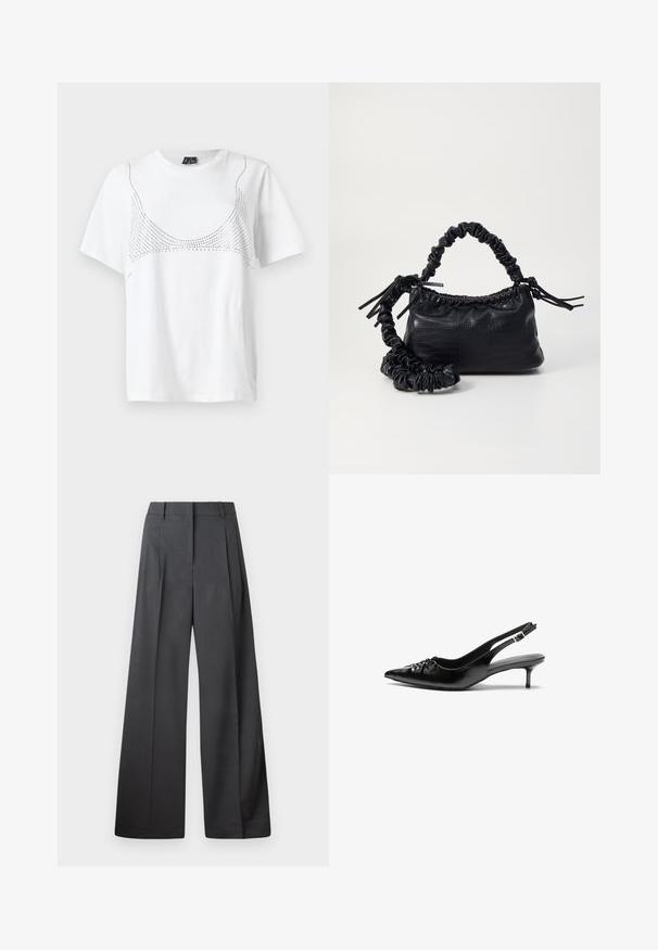 White cotton t-shirt with short sleeves featuring a dotted graphic design resembling a neckline across the front.; Wide-leg trousers in dark gray fabric, featuring a high waist, single pleats, and a smooth texture with a clean finish at the hems.; Black leather slingback heels with a pointed toe, small kitten heel, and a decorative knot detail on the front. Smooth texture throughout.; Black faux leather handbag with a crocodile texture, cinched top, and a scrunched strap. Appears soft and compact in design.