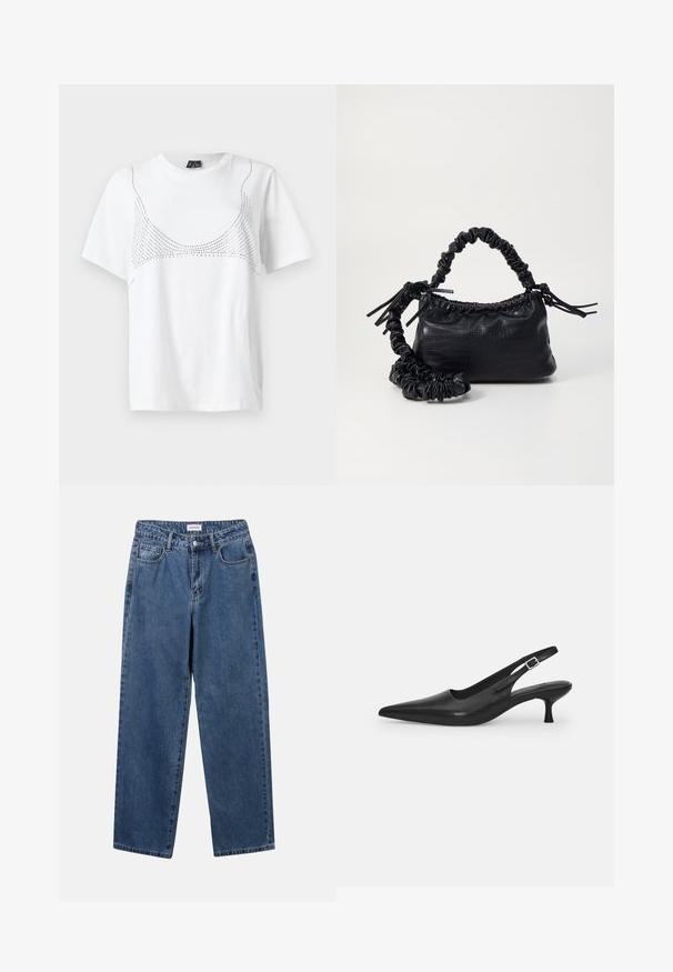 Biała bawełniana koszulka z krótkim rękawem, z nadrukiem w kropki przypominającym dekolt na froncie.; Klasyczne niebieskie dżinsy o prostym kroju, pięć kieszeni i zapięcie na guzik. Charakteryzują się średnim odcieniem i solidną teksturą.; Czarne skórzane buty typu slingback z wydłużonym noskiem i smukłym, zakrzywionym obcasem. Posiadają dyskretny regulowany pasek z metalową klamrą.; Czarna torebka z syntetycznej skóry o teksturze krokodyla, z zaciąganym górnym zamknięciem i marszczonym paskiem. Wygląda na miękką i zwartą w designie.