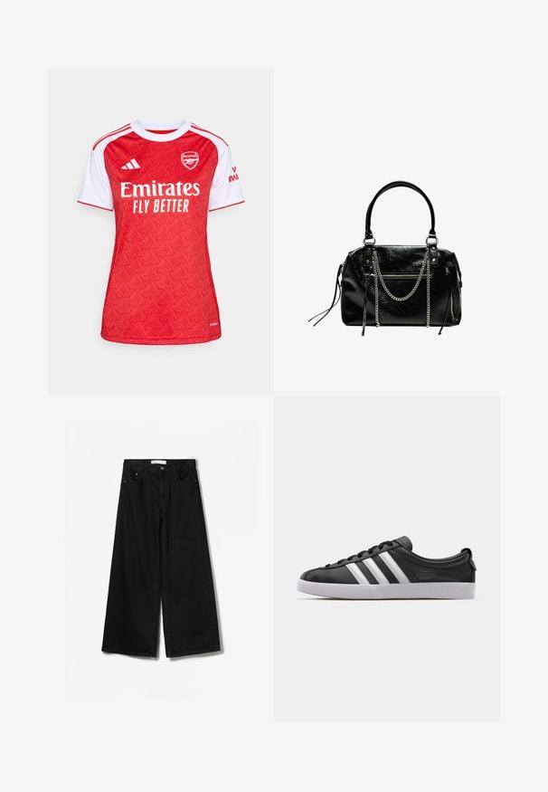 Rotes und weißes Fußballtrikot mit gemustertem Design, Rundhalsausschnitt, kurzen Ärmeln und dem Logo "Emirates Fly Better" auf der Vorderseite.; Bershka WIDE-LEG - Wide Leg - black; Schwarze Ledersneaker mit weißem Drei-Streifen-Design, runder Spitze, flacher weißer Gummisohle und Markenlogo an der Seite.; Bershka WITH CHAIN - Handtasche - black