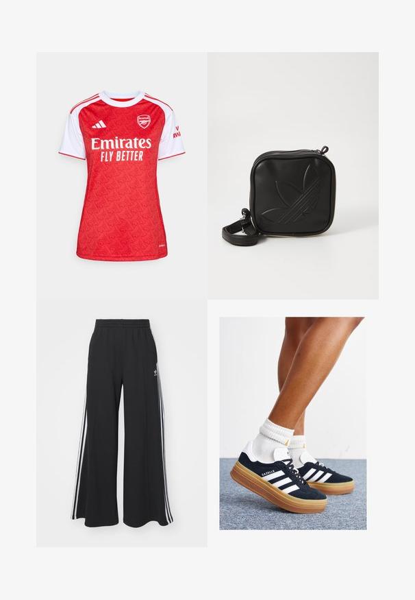 Red and white football jersey featuring a patterned design, crew neck, short sleeves, and "Emirates Fly Better" logo on the front.; Black wide-leg sweatpants with an elastic waistband, featuring white side stripes and an embroidered logo on the left thigh.; Black suede sneakers with white stripes and accents, rounded toe, gum rubber outsole, paired with white ribbed crew socks.; Black square crossbody bag made of textured synthetic material. Features an embossed logo design and adjustable strap. Zipper closure.