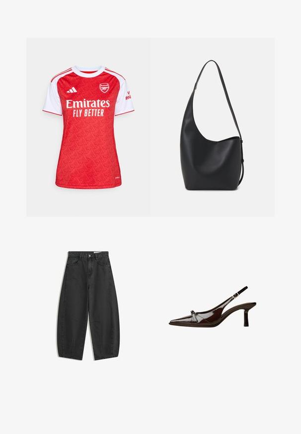 Rdeča in bela nogometna majica z vzorčasto zasnovo, okroglim ovratnikom, kratkimi rokavi in logotipom "Emirates Fly Better" na sprednji strani.; Črne široke jeans hlače z visokim pasom, sprednjimi žepnimi, zankami za pas in gumbom za zapiranje, prikazane ravno na belem ozadju.; Rjave lakirane slingback čevlje z oglatim nosom, nizko peto in dekorativno pentljo na sprednji strani. Gladka, sijoča tekstura.; Črna usnjena hobo torba z gladko teksturo, ukrivljeno obliko in eno nastavljivo naramnico; ima širok odprtina na vrhu.