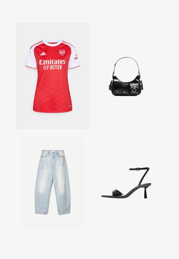 Červený a biely futbalový dres so vzorovaným dizajnom, okrúhlym výstrihom, krátkymi rukávmi a logom "Emirates Fly Better" na prednej strane.; Svetlomodré džíny s voľným strihom, so zovretým vzhľadom, dvomi prednými vreckami a gombíkovým zapínaním na páse.; Bershka Sandále na vysokom opätku - black; Čierna laková kožená kabelka s ohnutým tvarom, jedným ramenným popruhom, prednými vreckami a striebornými kovovými doplnkami.
