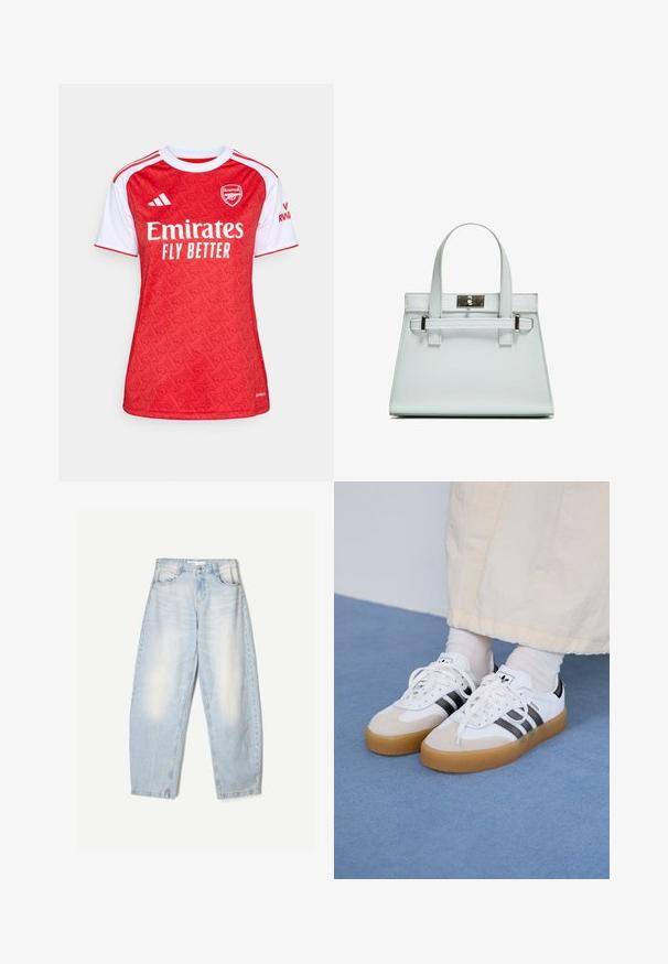 Maillot de football rouge et blanc avec un design à motifs, col rond, manches courtes et logo "Emirates Fly Better" à l'avant.; Jean en denim bleu clair à coupe décontractée, avec une finition délavée, deux poches avant et une fermeture par bouton au niveau de la taille.; Baskets blanches avec des rayures noires et des accents en daim beige. Elles présentent une semelle en gomme texturée et des lacets plats blancs, portées avec des chaussettes claires.; Sac à main bleu clair au design structuré, avec deux anses et un fermoir en métal argenté. Matériau texturé et angles vifs.