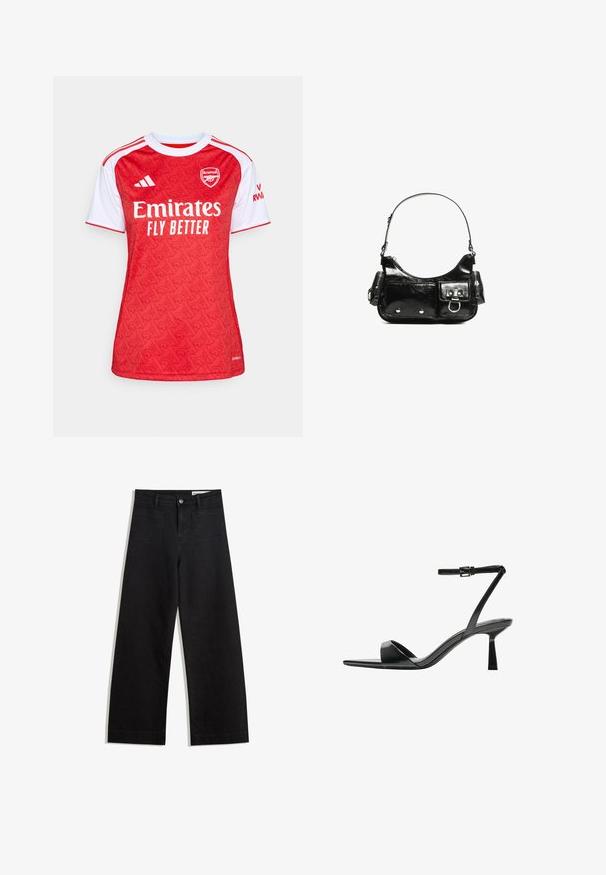 Červený a biely futbalový dres so vzorovaným dizajnom, okrúhlym výstrihom, krátkymi rukávmi a logom "Emirates Fly Better" na prednej strane.; Čierne denimové nohavice s širokými nohavicami a vysokým pásom, so prednými a zadnými vreckami, šitými švami a zapínaním na gombík. Hladká textúra.; Bershka Sandále na vysokom opätku - black; Čierna laková kožená kabelka s ohnutým tvarom, jedným ramenným popruhom, prednými vreckami a striebornými kovovými doplnkami.
