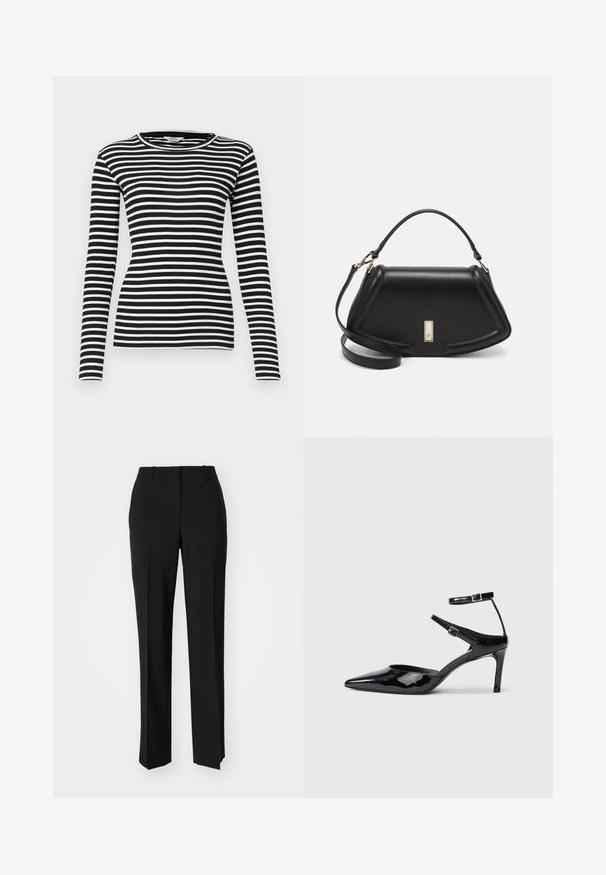 Schwarz-weißer, gestreifter Langarmshirt mit rundem Ausschnitt und geripptem Textur; taillierte Passform über den Körper und die Ärmel.; Schwarze, taillierte Hose mit geradem Bein, aus einem glatten Stoff und mit klaren Falten an der Vorderseite. Keine sichtbare Hardware.; Schwarze Lacklederabsätze mit spitzer Zehenpartie, verstellbaren Knöchelriemen und einem schlanken Absatz. Glatte Textur mit glänzender Oberfläche.; Schwarze Lederhandtasche mit einem strukturierten Design, das eine verkürzte Form, einen oberen Griff und goldfarbene Hardware-Details aufweist. Verstellbarer Schulterriemen ist enthalten.