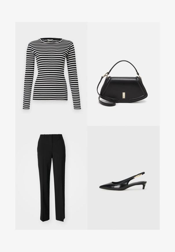 Mustat ja valkoiset raidat, pitkähihainen paita, jossa on pyöreä kaula-aukko ja ribbitekstuuri; tiukka malli koko vartalon ja hihansuiden osalta.; Mustat räätälöidyt housut suoraa lahjetta, joissa on sileä pinta ja terävät taitteet edessä. Ei näkyvää metalliosaa.; Mustat nahkaiset slingback-korkokengät, joissa on terävä kärki, ohuet korot ja kultasävytteinen yksityiskohta säädettävässä hihnassa. Silkkinen pinta.; Mustalla nahkalaukulla, jossa on jämäkkä muotoilu, lyhyt malli, yläkahva ja kultaiset yksityiskohdat. Säädettävä olkahihna sisältyy.