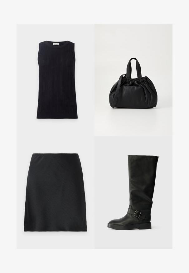 Top senza maniche nero realizzato in tessuto a coste. Presenta un colletto rotondo e una silhouette aderente. Leggermente testurizzato con una finitura liscia.; Gonna mini nera in satin con una texture liscia e un orlo dritto, presentata su uno sfondo bianco semplice.; Stivali neri al ginocchio realizzati in pelle liscia, con punta rotonda, suola spessa e una cinghia orizzontale con un dettaglio in fibbia rettangolare.; Borsa a tracolla in pelle nera con design a cima arricciata, dotata di due manici corti e di una lunga tracolla regolabile. Texture liscia, forma arrotondata.