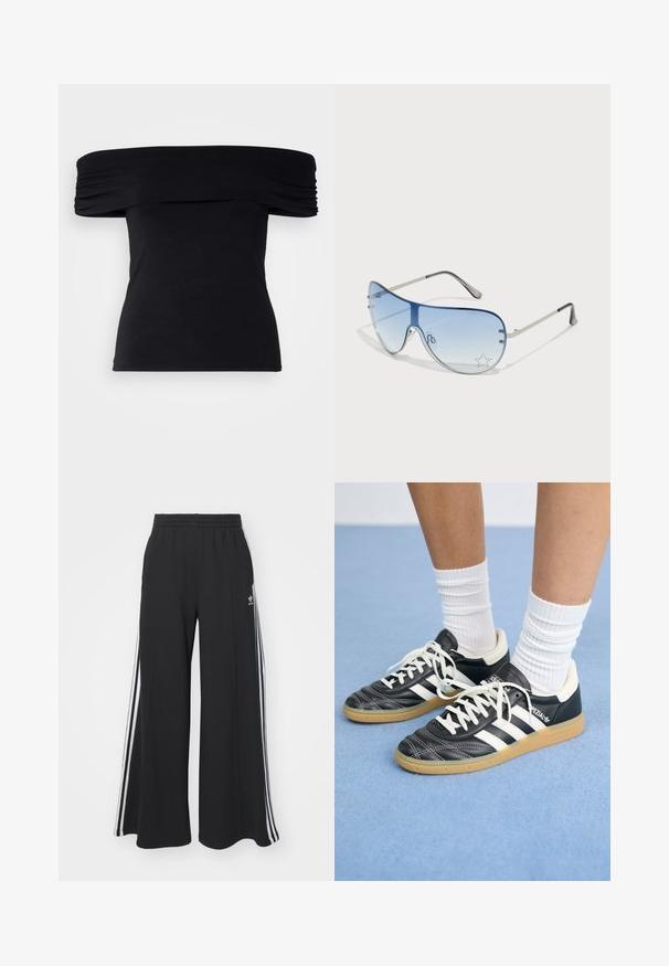Juodas off-the-shoulder marškinėlis, pagamintas iš minkštos medžiagos. Įrengtos susiraukšlėjimo detalės ant rankovių ir prigludusi siluetas.; Juodos plačios kojų džinsinės kelnės su elastingu juosmeniu, turinčios baltas šonines juosteles ir išsiuvinėtą logotipą kairiajame šlaunyje.; Juodos odinės sportbačiai su baltais dryžiais, apvalia nosimi, baltais raišteliais ir guminiu padu. Pabrėžti paminkštinta apykakle ir prekių ženklų detalėmis.; Aviatoriai akiniai su gradientiniais mėlynais objektyvais, sidabriniu metaliniu rėmu ir dekoratyvinėmis žvaigždžių akcentais ant objektyvų. Lygaus ir stilingo dizaino.