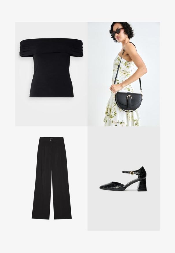 Melnā tops bez plecu, izgatavots no mīksta auduma. Iezīmējas ar savāktajām detaļām gar piedurknēm un pieguļošu siluetu.; Melni platā kāju bikses ar krokām, ar pogu aizdari un divām sānu kabatām; gluda tekstūra ar pielāgotu dizainu.; Melnas patentētas ādas augstpapēžu kurpes ar norādītu pirkstu, potītes siksnu un teksturētu krokodila rakstu. Kvadrātveida bloka papēža dizains.; Melnas ādas rokassoma ar izliekta formu, noņemamu siksnu un zelta aksesuāriem. Somai ir vāciņš ar sprādzes detaļu.