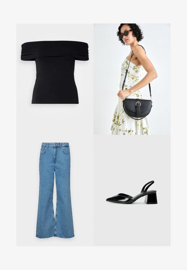 Top preto às riscas, sem ombros, feito de tecido macio. Apresenta detalhes franzidos ao longo das mangas e uma silhueta ajustada.; Jeans de brim azuis claros, com corte à boca de sino, apresentando uma cintura alta, cinco bolsos e um fecho de botão único. Textura macia com acabamento desbotado.; Sandy em verniz preto com salto slingback, ponta afilada e salto geométrico. Apresenta um design elegante e minimalista com textura suave.; Bolsa de couro preta com forma curva, alça destacável e detalhes em dourado. A bolsa possui uma aba com detalhe de fivela.