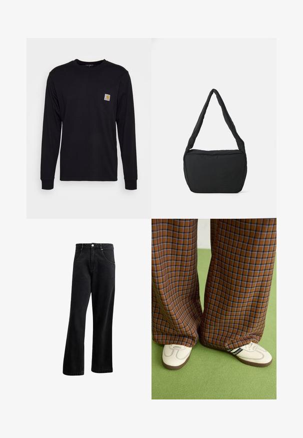 Black long-sleeve shirt made of cotton. Features a chest pocket with a square gray label and orange logo. Simple, solid color design.; Black denim jeans with a straight-leg design, featuring front pockets, a button fly, and slight texture. Includes a subtle logo detail.; Brown and blue plaid wide-leg trousers paired with white shoes featuring black accents and textured soles, set against a green background.; Black shoulder bag with a padded texture, a rounded shape, and a wide strap, featuring an embossed logo on the front.