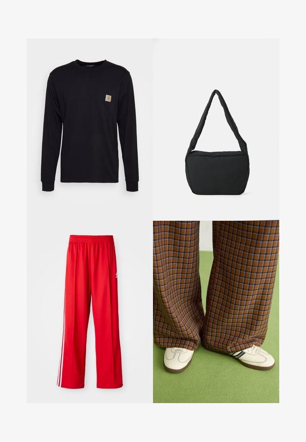 Svart langermet skjorte laget av bomull. Har en brystlomme med en firkantet grå etikett og oransje logo. Enkel, ensfarget design.; Røde treningsbukser laget av lett materiale, med elastisk midjebånd, to hvite sidelister og en liten logo på hoften.; Brune og blå rutete vide bukser sammen med hvite sko med svarte detaljer og teksturerte såler, satt mot en grønn bakgrunn.; Svart skulderveske med polstret tekstur, rund form og bred stropp, med et preget logo på forsiden.