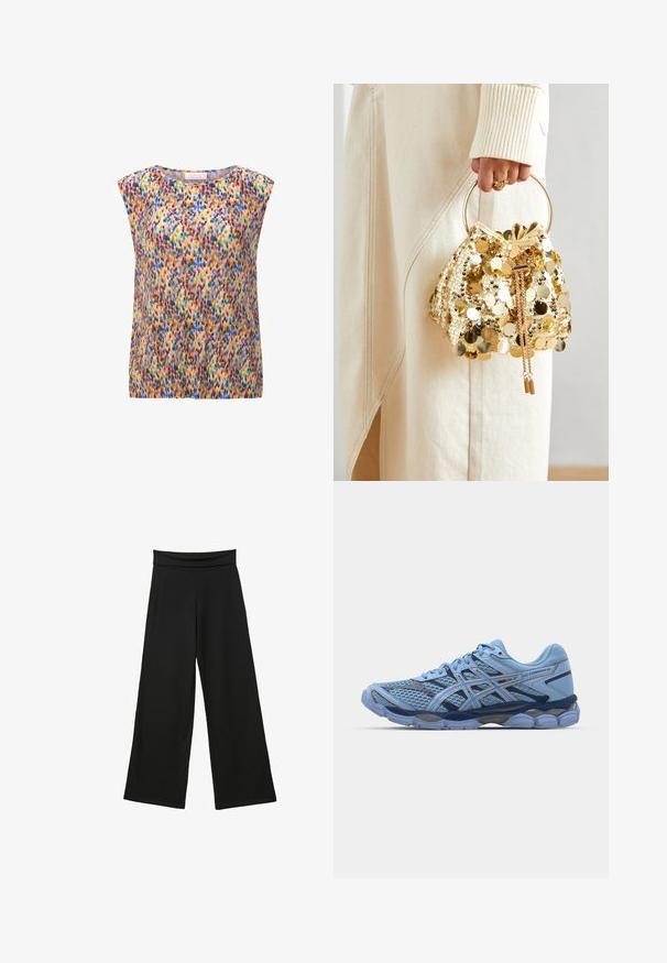 Top senza maniche con scollatura rotonda in tessuto plissettato, caratterizzato da un motivo astratto multicolore in tonalità di blu, rosa, verde e marrone.; Pantaloni neri a gamba larga realizzati in un tessuto morbido, con un alto elastico in vita, gambe a lunghezza completa e senza motivi o dettagli visibili.; ASICS SportStyle GEL CUMULUS 16 UNISEX - Sneakers basse - stone wash/independence blue; Borsa a tracolla con coulisse in paillettes dorate e manico circolare, caratterizzata da paillettes rotonde lucide e un tessuto testurizzato. Le dimensioni non sono fornite.