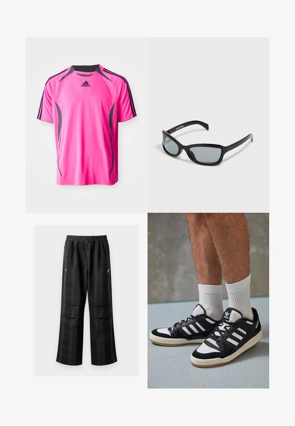 Pink polyester sports jersey with short sleeves, featuring black shoulder stripes and side accents, and an Adidas logo on the chest.; Black plaid pants featuring an elastic waistband, two front pockets, and a loose fit with a straight leg design. Made from lightweight material.; Black and white sneakers with a suede and leather upper, featuring three white stripes, a perforated toe, and a gum rubber sole.; Black sunglasses with a sleek, angular design. Features grey lenses and shiny plastic frames. Includes small metal accents and branding on the arm.