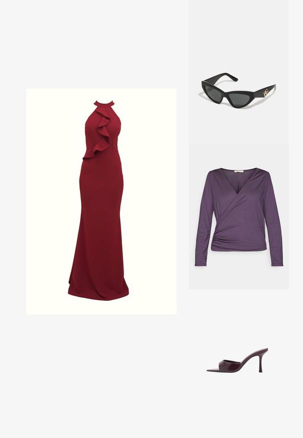 Yogasearcher NATANA - Majica z dolgimi rokavi - topaze; Burgundska halterneck obleka z nabranimi stranskimi detajli; prilegajoča silhueta; narejena iz gladkega, raztegljivega blaga; dolga do tal.; Bordo visoke sandale na petu s kvadratnim vrhom, izrađene od glatke kože. Imaju elegantan, minimalistički dizajn i suženu petu.; Sončne naočale v mačjem stilu z mat črnim plastičnim okvirjem, temnimi lečami in zlatim logotipom na tempeljih. Kotačast dizajn in gladka tekstura.; Michael Kors denarnica v bež lakiranem platnu z mišičnim vzorcem ponavljajočega se logotipa MK, z zlatim okovjem in snemljivo verižico.