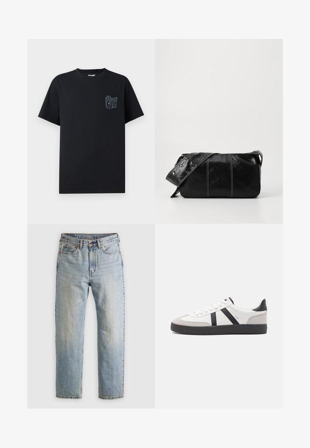 Čierne bavlnené tričko s modrým grafickým logom na ľavej hrudi. Krátke rukávy a klasický okrúhly výstrih. Jednoduchý a nezdobený dizajn.; Svetlomodré džínsy s vysokým pásom, predným gombíkom, zipsom a dizajnom s piatimi vreckami, rozložené na neutrálnom pozadí.; Biele tenisky s čiernymi a šedými akcentmi, s textúrovanou šedou špičkou, čiernou gumovou podrážkou a plochými bielymi šnúrkami. Čistý dizajn, minimalistický štýl.; Čierna kožená kabelka cez plece so zipsovým uzáverom, so štruktúrovaným telom, bielym prešívaním a popruhom so striebornými očkami.