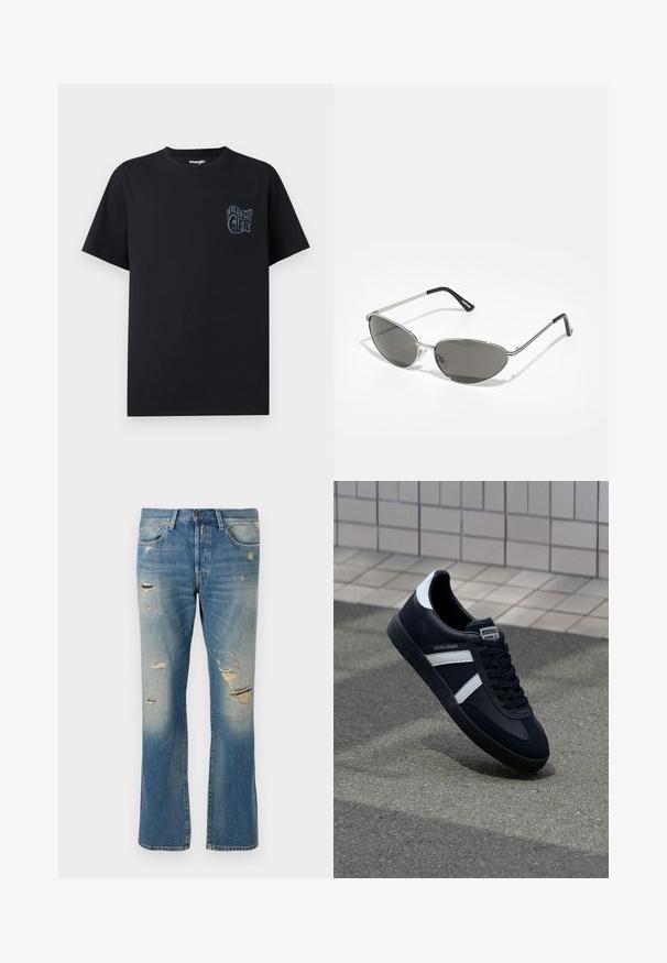Zwarte katoenen t-shirt met een blauw grafisch logo op de linkerborst. Korte mouwen en een klassieke ronde hals. Eenvoudig en onopgesmukt ontwerp.; Lichtblauwe denim jeans met een relaxed fit, voorzien van versleten details en rafelige patches, met een standaard vijf-pocket ontwerp en knoopsluiting.; Zwarte leren sneaker met witte strepen, een gestructureerde rubberen zool en vetersluiting aan de voorkant. Voorzien van een merklabel op de tong.; Zonnebril met een slank, zilveren metalen frame, grijs getinte lenzen en een aerodynamisch ontwerp met puntige randen en dunne pootjes.