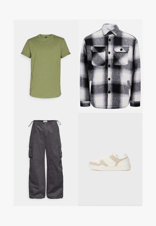 Olivovo zelené tričko s krátkym rukávom vyrobené z mäkkej látky. Má okrúhly výstrih a malé logo značky na hornej ľavej strane.; Čierno-biela karovaná flanelová košeľa, s dvoma prednými vreckami, gombíkmi a príjemnou textúrou. Klasický kockovaný vzor.; Sivé cargo nohavice s textúrovanou tkaninou, elastickým pásom, šnúrkou a detailmi postranných vreciek. Voľný strih s širokými nohavicami.; Biele a béžové tenisky s kombináciou hladkej a semišovej textúry, okrúhlym špičkou, šnurovaním a plochou gumovou podrážkou.