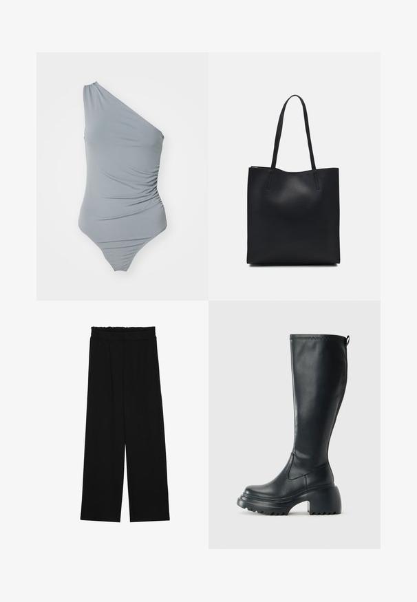 One-shoulder gray swimsuit with gathered texture, smooth fabric, and high-cut leg design. Simple and minimal aesthetic.; Black wide-leg trousers with a ruffled waistband, featuring two side pockets and a smooth, lightweight fabric. No visible patterns or hardware.; Tall black leather boot with chunky platform sole and block heel, featuring pull tab and textured tread on outsole.; Black leather tote bag with smooth texture, rectangular shape, and two long handles. No visible hardware or embellishments.
