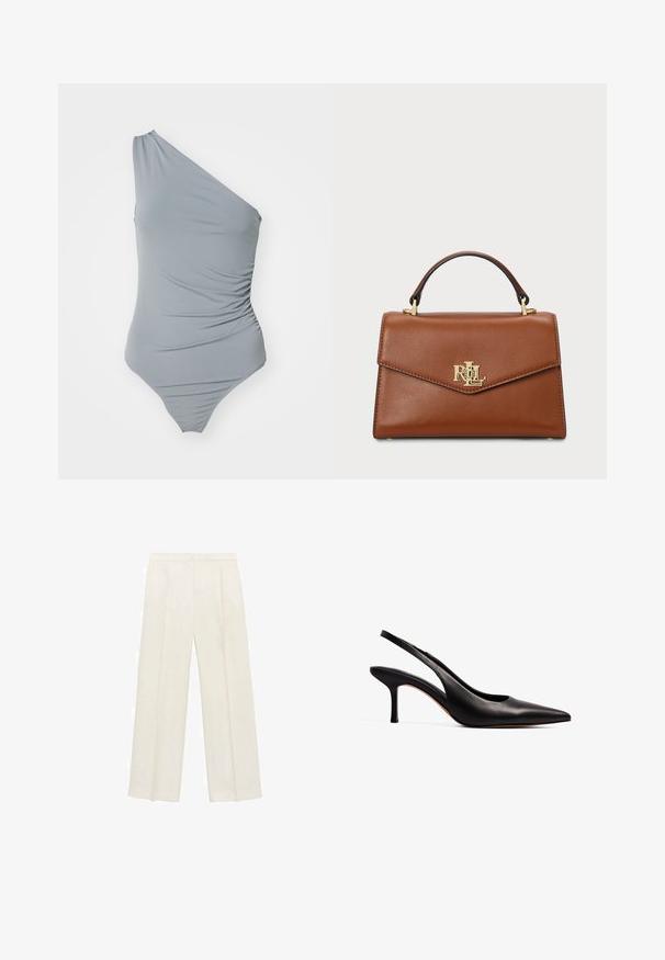 Jedno-ramenné šedé plavky s nariasenou textúrou, hladkou tkaninou a vysokým strihom nohavíc. Jednoduchá a minimalistická estetika.; Široké nohavice vo svetlej krémovej farbe. Vyrobené z hladkej látky s skladmi vpredu a bočnými vreckami.; NA-KD Klasické lodičky na opätku - black; Hnedá kožená kabelka so štruktúrovaným dizajnom, horným úchopom, zlatými kovovými doplnkami a akcentom loga na prednej strane. Hladká textura.
