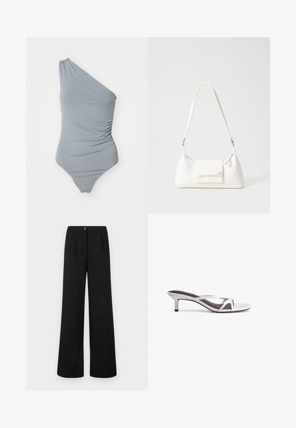 Vientisos peties pilkas maudymosi kostiumas su suglebusi tekstūra, lygios medžiagos ir aukštu kirpimu. Paprasta ir minimalistinė estetika.; Juodi aukšto liemens platūs kelnių su priekiniais saga ir užtrauktuku, su subtiliomis klostėmis po juosmeniu.; Sidabriniai sandalai su kryžminiu dirželiu, lygiu paviršiumi ir smailiu pirštu. Kulno aukštis yra maždaug du coliai.; Balta sintetinė rankinė trikampio formos, plokščiu priekiu su užsegimu, kaspino detale, reguliuojama dirželiu, lygia tekstūra ir minimalistišku dizainu.