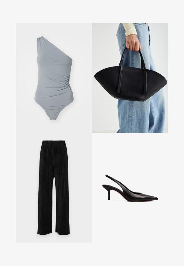 Jedno-ramenné šedé plavky s nariasenou textúrou, hladkou tkaninou a vysokým strihom nohavíc. Jednoduchá a minimalistická estetika.; Čierne plisované nohavice s elastickým pásom. Majú široké nohavice a hladkú, textúrovanú látku s vertikálnymi pruhmi.; NA-KD Klasické lodičky na opätku - black; Čierna kožená kabelka s jedinečným tvarom ventilátora, so plochými držadlami. Povrch má štruktúru s brúseným efektom a minimalistic design.