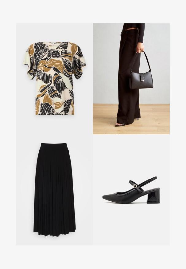 Bluzica s kratkimi rokavi v bež barvi, s printom listov v črni in odtenkih rjave. Mehka tkanina z sproščenim krojem in okroglim izrezom.; Črna plisirana krila z visokim, raztegljivim pasom. Narejeno iz mehke tkanine, z navpičnimi plisami za lahkotno silhueto.; Črne patentne usnjene salonarce s slingback obliko, s koničastim nosom, zaobljenim izrezom in blok peto. Imajo zlato kovinsko zaponko kot dodatno okrasje.; Črna torbica z strukturirano obliko, gladko teksturo in kovinskim zaponko. Ujemajo se z širokimi črnimi hlačami in odprtimi sandali na lesenem tleh.